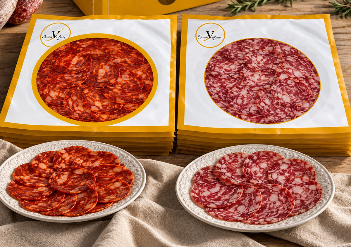 Chorizo y salchichón ibéricos 100% Bellota en sobres loncheados al vacío Esencia Victoria de Salamanca Chorizo y salchichón ibéricos 100% Bellota en sobres loncheados al vacío Esencia Victoria de Salamanca