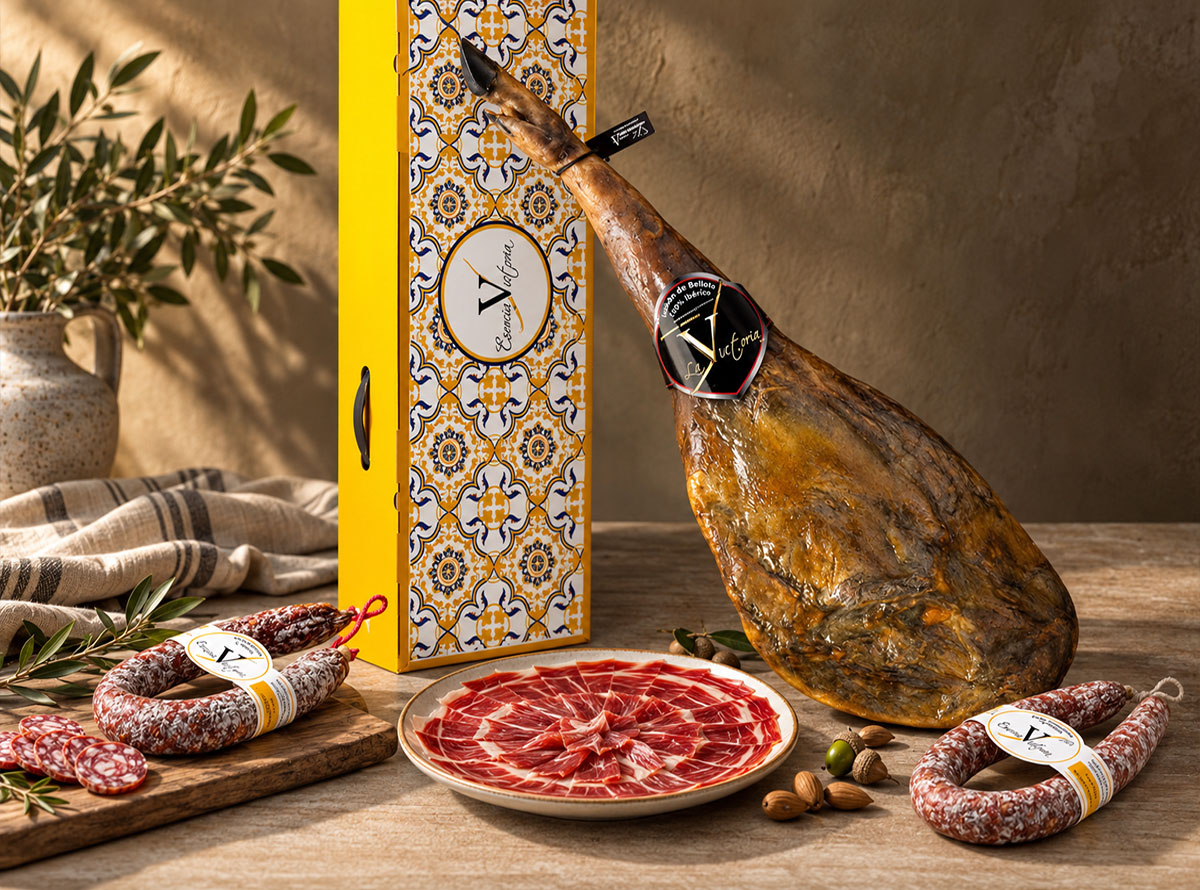 Jamon 100% Bellota Esencia Victoria y embutidos Jamón de Bellota 100% Ibérico Esencia Victoria con longanizas de Chorizo y Salchichón ibéricas 100% Bellota